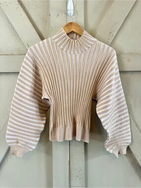 Free People Mad Chill M Ribbed Mock Neck Balloon Sleeve Sweater Beige Cream Knit